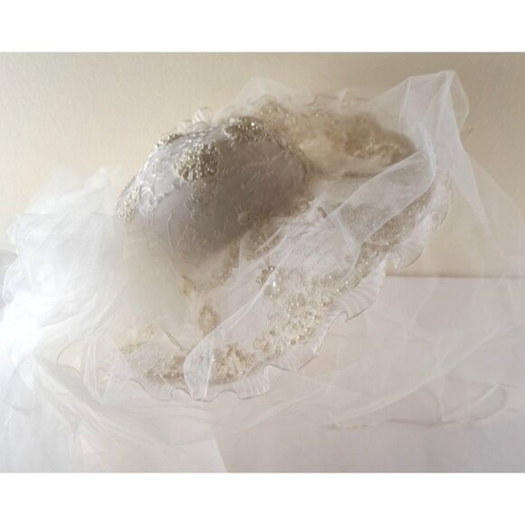 Vintage Bridal Wedding Hat W 42" Veil White Seed Pearls Sequins Large 1980s READ - Picture 6 of 12